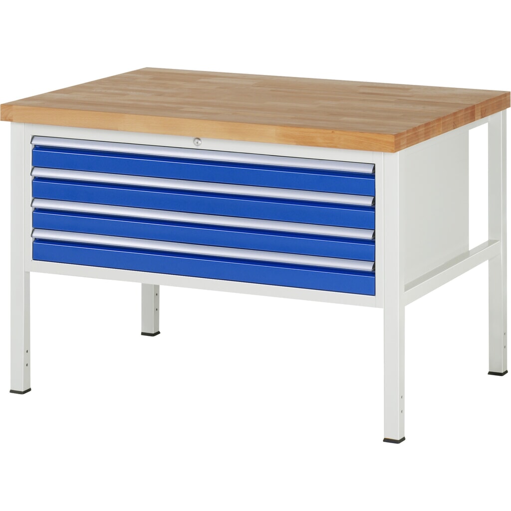 RAU Werkbank Serie 8000, HxBxT 840 x 1.250 x 900 mm, 4 x 100%-Auszug-Schubladen 4 x 90 mm, Schubladen-TK 50 kg Produktabbildung: RAU Werkbank Serie 8000, HxBxT 840 x 1.250 x 900 mm, 4 x 100%-Auszug-Schubladen 4 x 90 mm, Schubladen-TK 50 kg