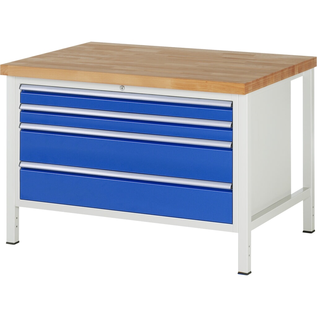 Produktabbildung: RAU Werkbank Serie 8000, HxBxT 840-1.040 x 1.250 x 900 mm, 4 x 100%-Auszug-Schubladen 2 x 90, 2 x 180 mm, Breite 1.055 mm