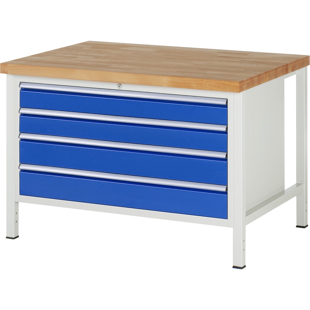 Produktabbildung: RAU Werkbank Serie 8000, HxBxT 840 x 1.250 x 900 mm, 4 x 90%-Auszug-Schubladen 2 x 120, 2 x 150 mm, Schubladen-TK 50 kg