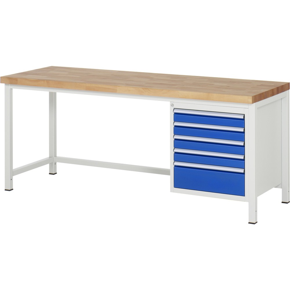 Produktabbildung Nr. 1: RAU Werkbank Serie 8000, HxBxT 840-1.040 x 2.000 x 700 mm, 5 x 90%-Auszug-Schubladen 4 x 90, 1 x 180 mm, Schubladen-TK 100 kg