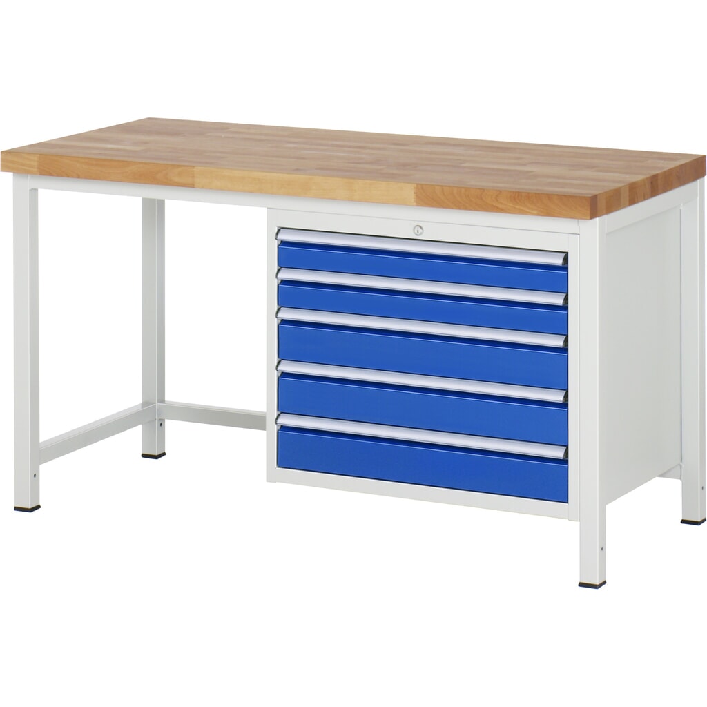 Produktabbildung: RAU Werkbank Serie 8000, HxBxT 840-1.040 x 1.500 x 700 mm, 5 x 90%-Auszug-Schubladen 2 x 90, 3 x 120 mm, Schubladen-TK 75 kg