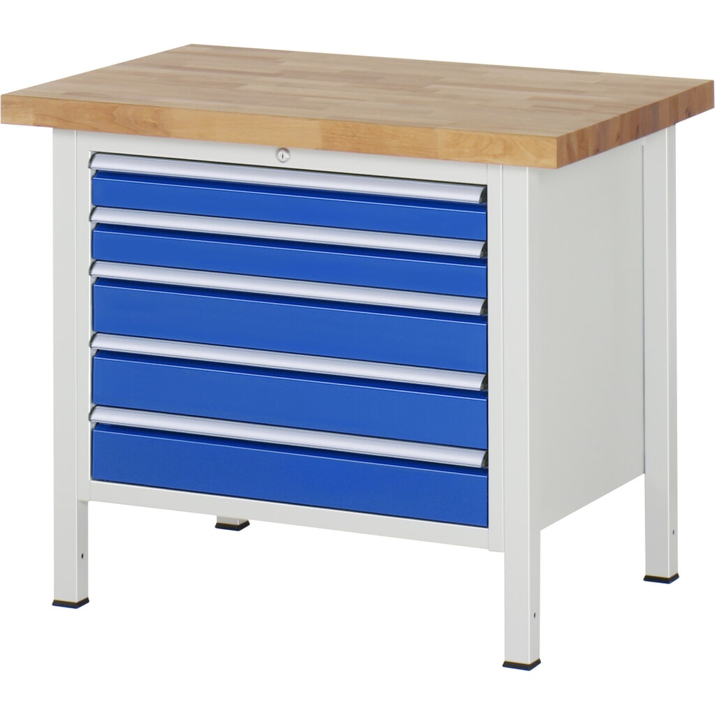 RAU Werkbank Serie 8000, HxBxT 840-1.040 x 1.000 x 700 mm, 5 x 90%-Auszug-Schubladen 2 x 90, 3 x 120 mm, Schubladen-TK 75 kg Produktabbildung: RAU Werkbank Serie 8000, HxBxT 840-1.040 x 1.000 x 700 mm, 5 x 90%-Auszug-Schubladen 2 x 90, 3 x 120 mm, Schubladen-TK 75 kg