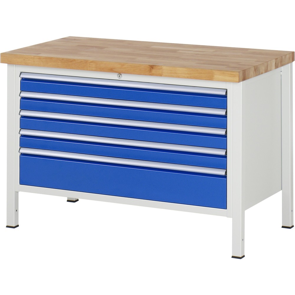 Produktabbildung Nr. 1: RAU Werkbank Serie 8000, HxBxT 840-1.040 x 1.250 x 700 mm, 5 x 90%-Auszug-Schubladen 4 x 90, 1 x 180 mm, Schubladen-TK 50 kg