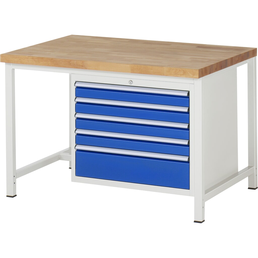 RAU Werkbank Serie 8000, HxBxT 840-1.040 x 1.250 x 900 mm, 5 x 100%-Auszug-Schubladen 4 x 90, 1 x 180 mm, Schubladen-TK 75 kg Produktabbildung: RAU Werkbank Serie 8000, HxBxT 840-1.040 x 1.250 x 900 mm, 5 x 100%-Auszug-Schubladen 4 x 90, 1 x 180 mm, Schubladen-TK 75 kg