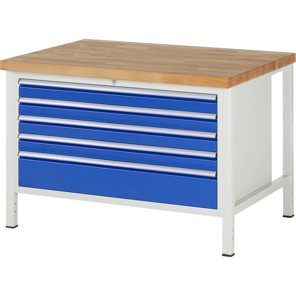 Produktabbildung: RAU Werkbank Serie 8000, HxBxT 840 x 1.250 x 900 mm, 5 x 90%-Auszug-Schubladen 4 x 90, 1 x 180 mm, Schubladen-TK 50 kg