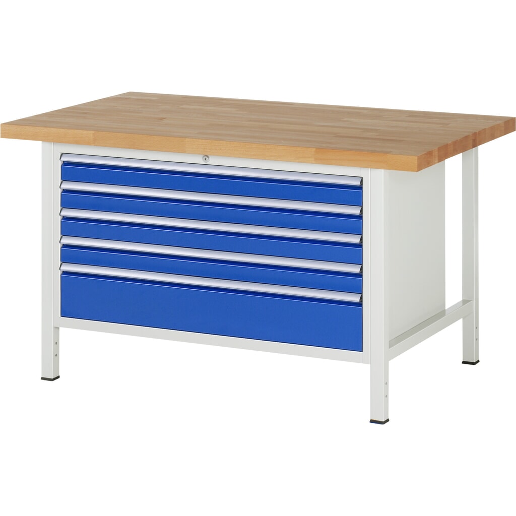 RAU Werkbank Serie 8000, HxBxT 840 x 1.500 x 900 mm, 5 x 90%-Auszug-Schubladen 4 x 90, 1 x 180 mm, Schubladen-TK 50 kg Produktabbildung: RAU Werkbank Serie 8000, HxBxT 840 x 1.500 x 900 mm, 5 x 90%-Auszug-Schubladen 4 x 90, 1 x 180 mm, Schubladen-TK 50 kg