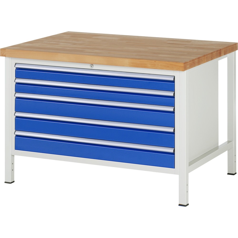 Produktabbildung Nr. 1: RAU Werkbank Serie 8000, HxBxT 840-1.040 x 1.250 x 900 mm, 5 x 90%-Auszug-Schubladen 2 x 90, 3 x 120 mm, Schubladen-TK 50 kg