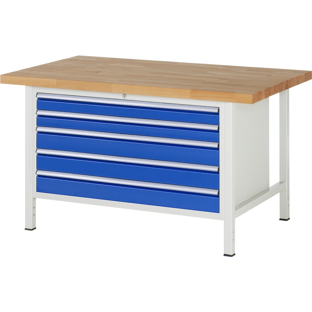 Produktabbildung Nr. 1: RAU Werkbank Serie 8000, HxBxT 840-1.040 x 1.500 x 900 mm, 5 x 90%-Auszug-Schubladen 2 x 90, 3 x 120 mm, Schubladen-TK 50 kg