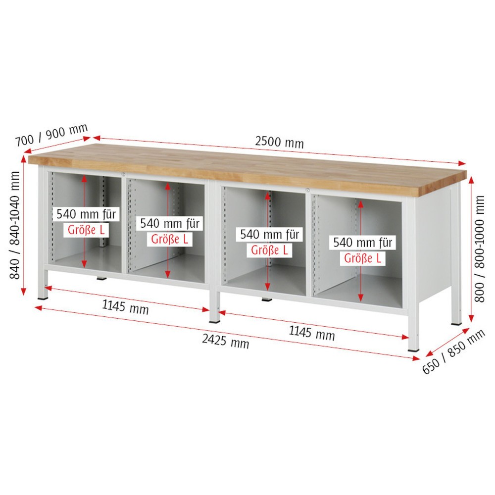 Produktabbildung Nr. 5: RAU Werkbank Serie 8000, 2 Doppel-Container, HxBxT 840-1.040 x 2.500 x 900 mm, 10 x 90%-Auszug-Schubladen