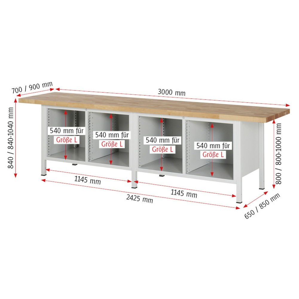 Produktabbildung Nr. 5: RAU Werkbank Serie 8000, 2 Doppel-Container, 2 Flügeltüren, HxBxT 840 x 3.000 x 900 mm, 8 x 90%-Auszug-Schubladen