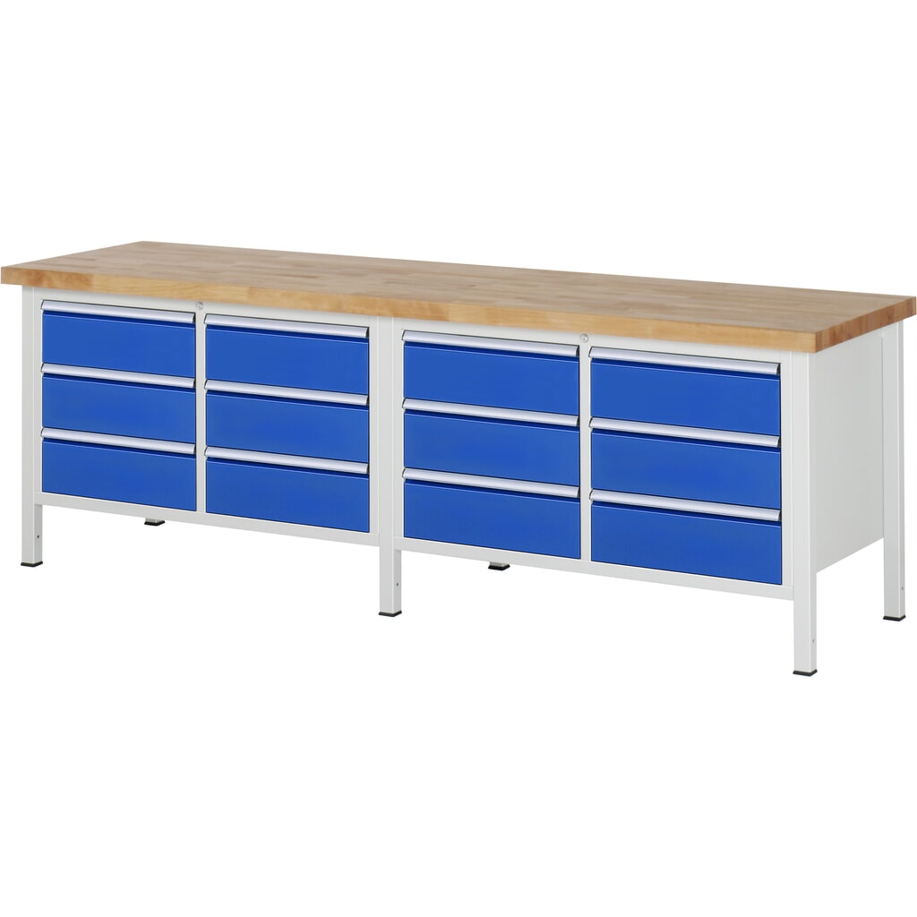 Produktabbildung: RAU Werkbank Serie 8000, 2 Doppel-Container, HxBxT 840-1.040 x 2.500 x 700 mm, 12 x 90%-Auszug-Schubladen 12 x 180 mm