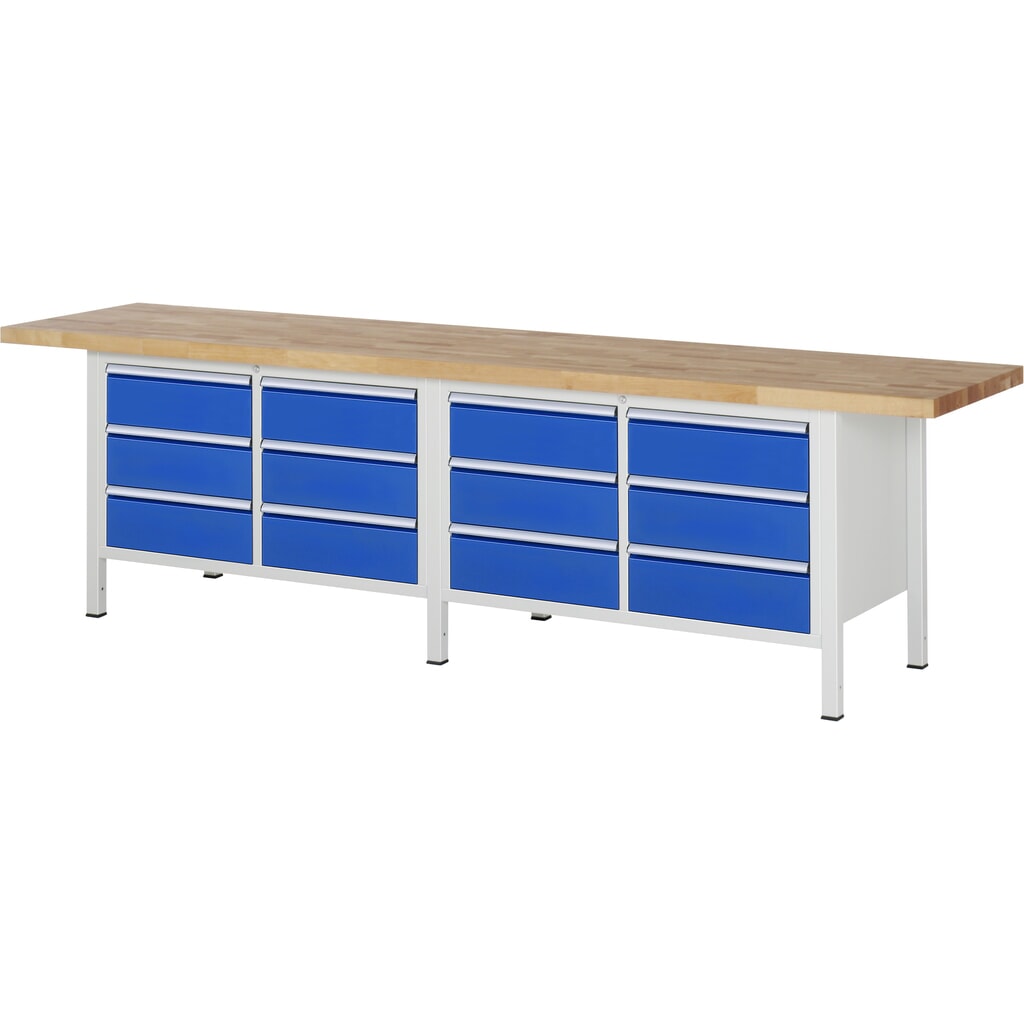 RAU Werkbank Serie 8000, 2 Doppel-Container, HxBxT 840-1.040 x 3.000 x 700 mm, 12 x 90%-Auszug-Schubladen 12 x 180 mm Produktabbildung: RAU Werkbank Serie 8000, 2 Doppel-Container, HxBxT 840-1.040 x 3.000 x 700 mm, 12 x 90%-Auszug-Schubladen 12 x 180 mm