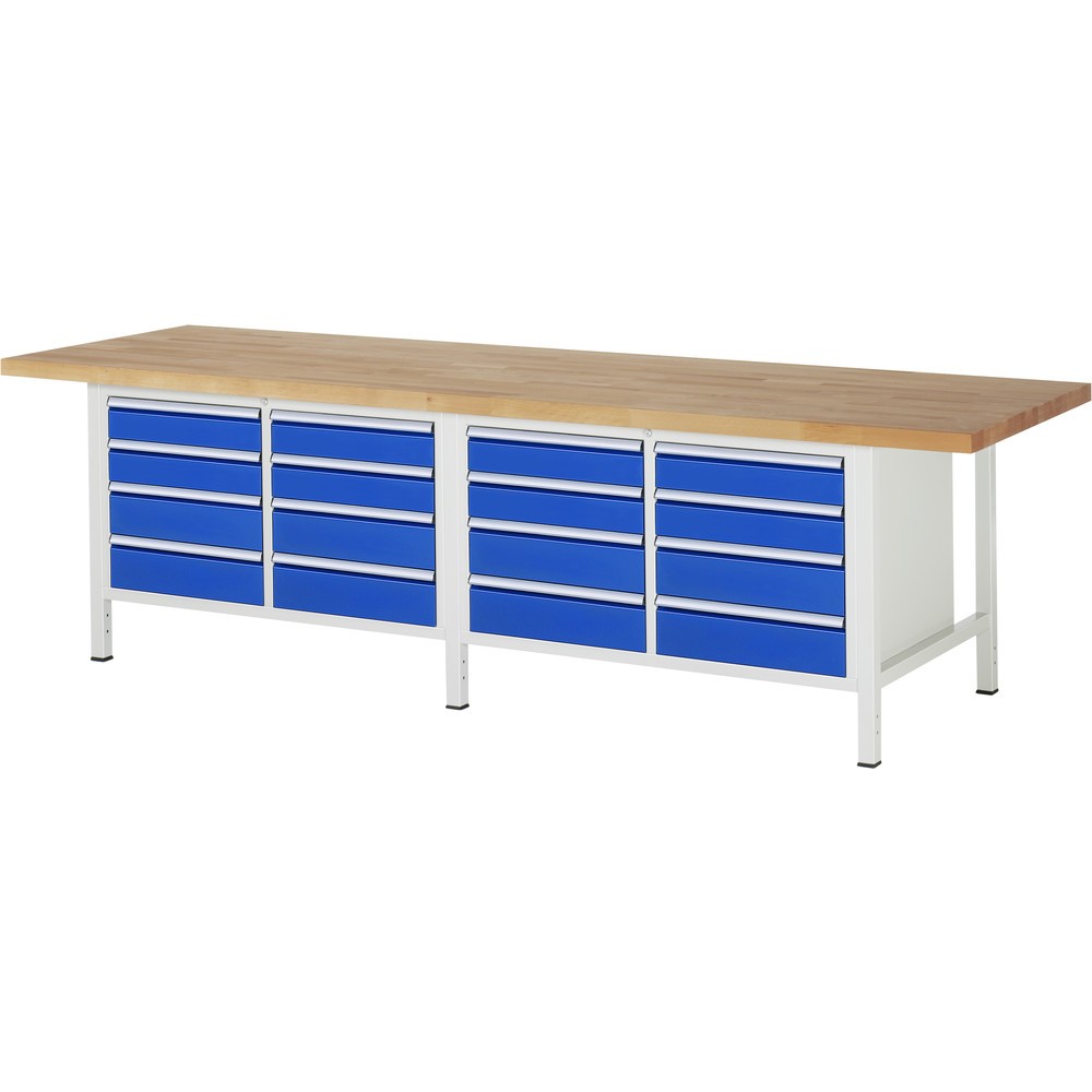 Produktabbildung: RAU Werkbank Serie 8000, 2 Doppel-Container, HxBxT 840-1.040 x 3.000 x 900 mm, 16 x 90%-Auszug-Schubladen
