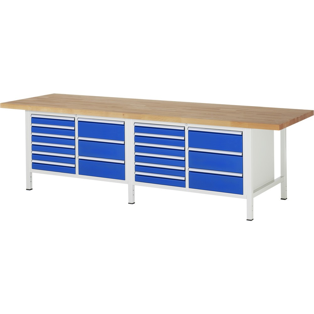 Produktabbildung: RAU Werkbank Serie 8000, 2 Doppel-Container, HxBxT 840-1.040 x 3.000 x 900 mm, 18 x 90%-Auszug-Schubladen