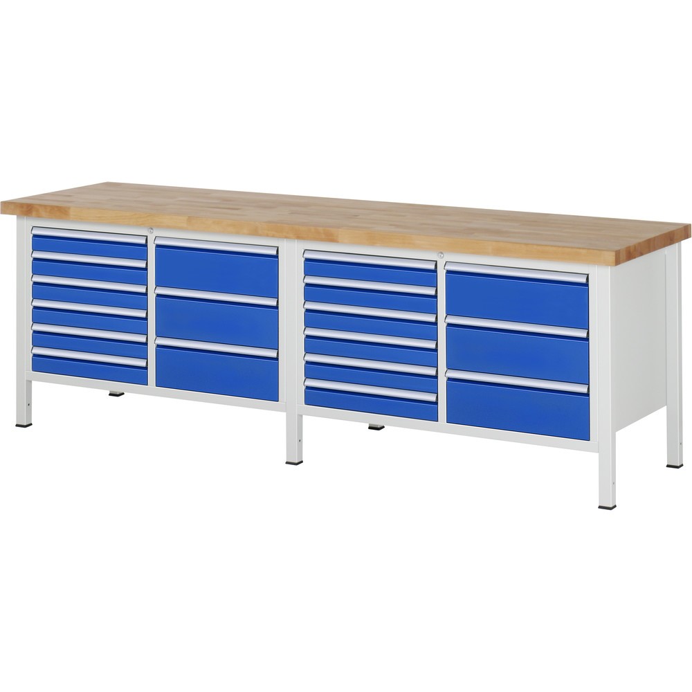 Produktabbildung: RAU Werkbank Serie 8000, 2 Doppel-Container, HxBxT 840-1.040 x 2.500 x 700 mm, 18 x 90%-Auszug-Schubladen