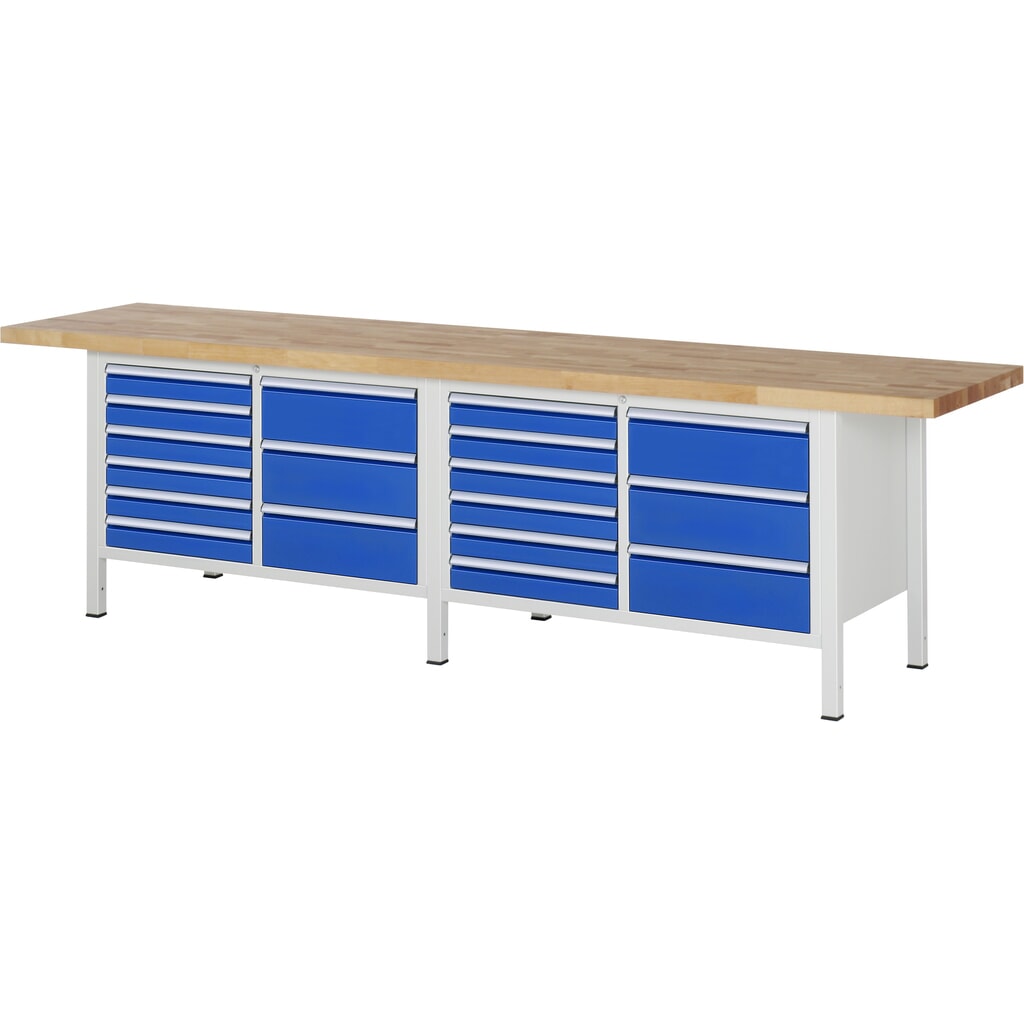 RAU Werkbank Serie 8000, 2 Doppel-Container, HxBxT 840-1.040 x 3.000 x 700 mm, 18 x 90%-Auszug-Schubladen Produktabbildung: RAU Werkbank Serie 8000, 2 Doppel-Container, HxBxT 840-1.040 x 3.000 x 700 mm, 18 x 90%-Auszug-Schubladen