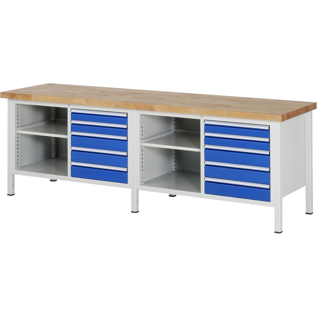 Produktabbildung Nr. 1: RAU Werkbank Serie 8000, 2 Doppel-Container, 2 Fachböden, HxBxT 840 x 2.500 x 700 mm, 10 x 90%-Auszug-Schubladen