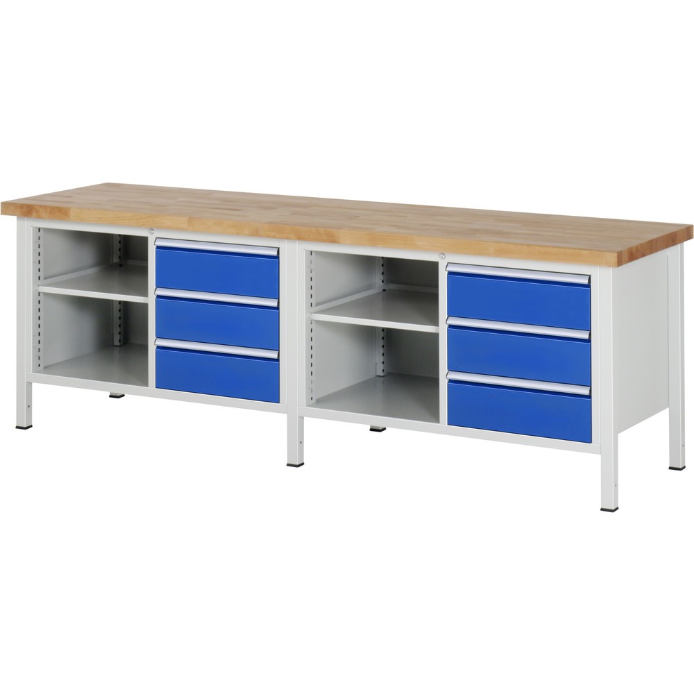 Produktabbildung: RAU Werkbank Serie 8000, 2 Doppel-Container, 2 Fachböden, HxBxT 840-1.040 x 2.500 x 700 mm, 6 x 90%-Auszug-Schubladen 6 x 180 mm