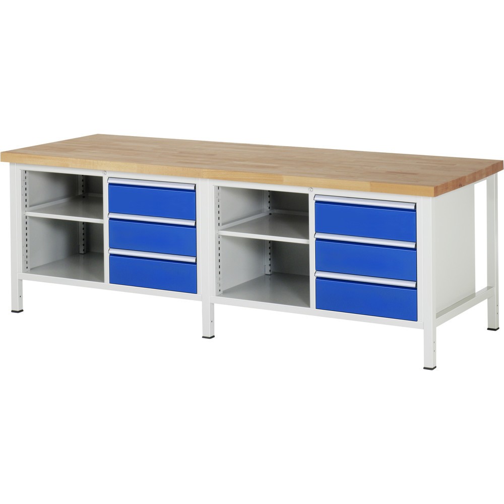 Produktabbildung: RAU Werkbank Serie 8000, 2 Doppel-Container, 2 Fachböden, HxBxT 840 x 2.500 x 900 mm, 6 x 100%-Auszug-Schubladen