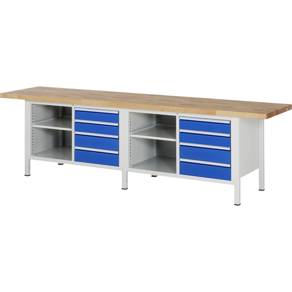 Produktabbildung: RAU Werkbank Serie 8000, 2 Doppel-Container, 2 Fachböden, HxBxT 840-1.040 x 3.000 x 700 mm, 6 x 90%-Auszug-Schubladen 4 x 120, 4 x 150 mm