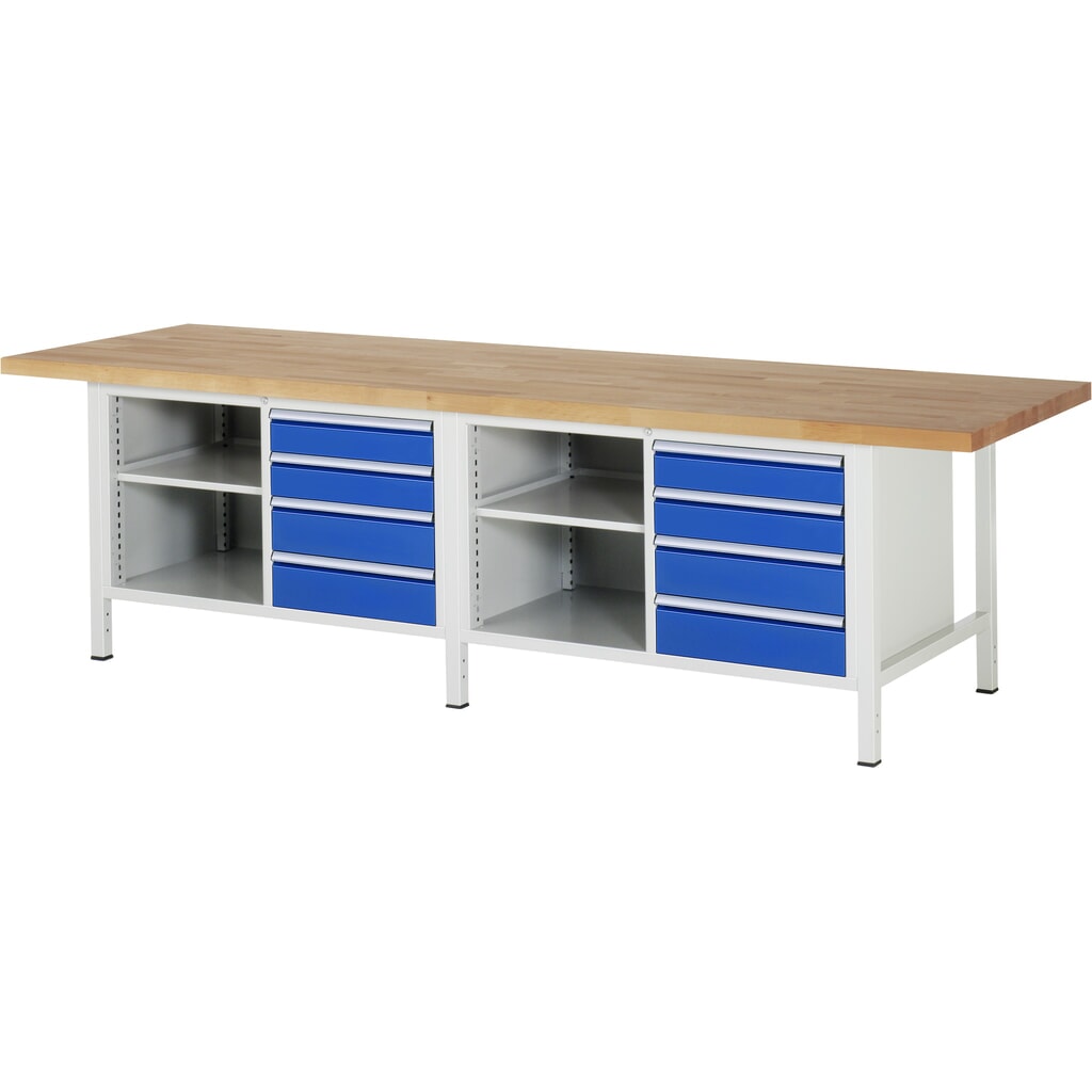 RAU Werkbank Serie 8000, 2 Doppel-Container, 2 Fachböden, HxBxT 840-1.040 x 3.000 x 900 mm, 6 x 90%-Auszug-Schubladen 4 x 120, 4 x 150 mm Produktabbildung: RAU Werkbank Serie 8000, 2 Doppel-Container, 2 Fachböden, HxBxT 840-1.040 x 3.000 x 900 mm, 6 x 90%-Auszug-Schubladen 4 x 120, 4 x 150 mm