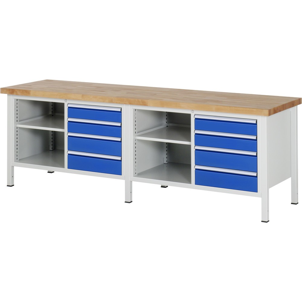 Produktabbildung: RAU Werkbank Serie 8000, 2 Doppel-Container, 2 Fachböden, HxBxT 840-1.040 x 2.500 x 700 mm, 6 x 90%-Auszug-Schubladen 4 x 120, 4 x 150 mm