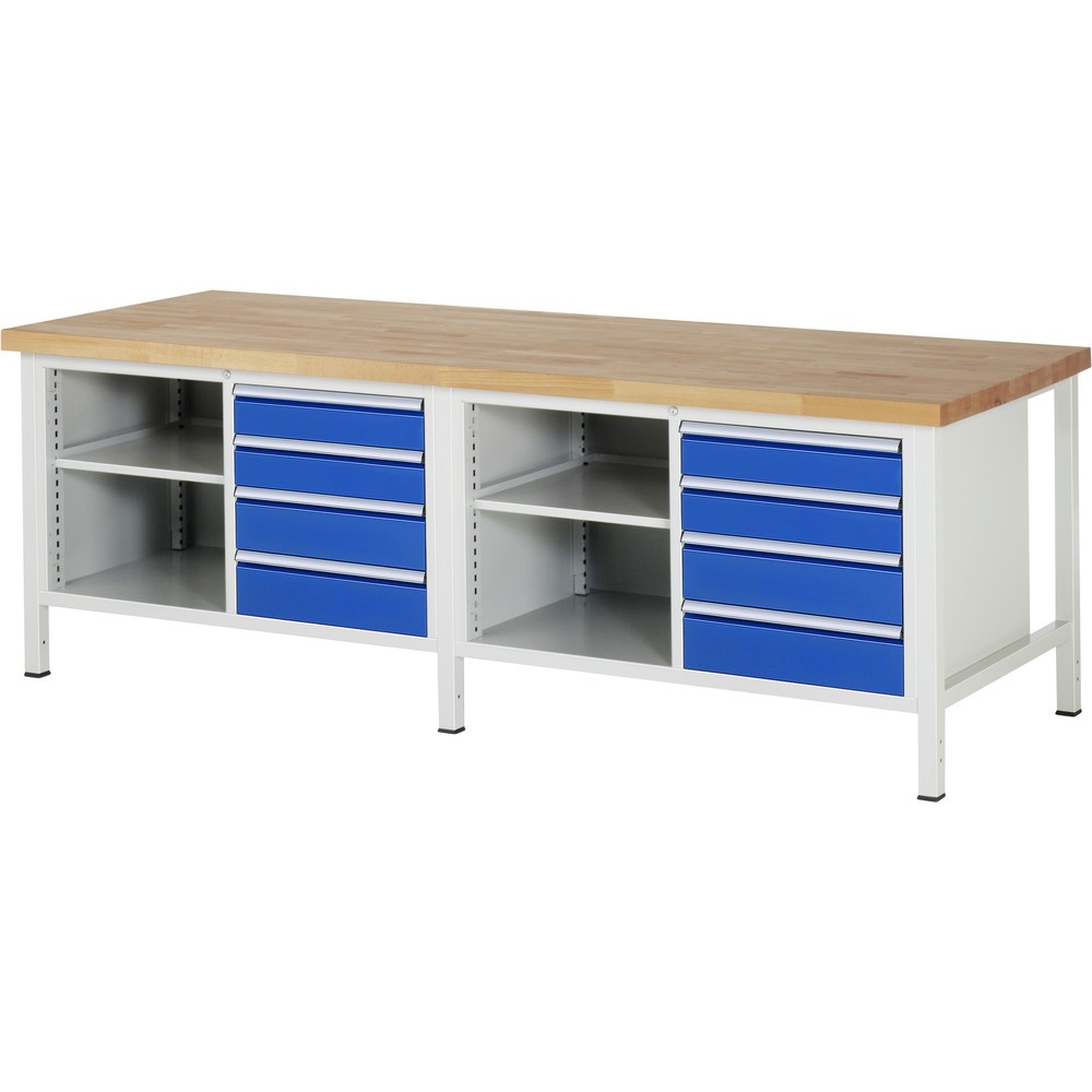 Produktabbildung: RAU Werkbank Serie 8000, 2 Doppel-Container, 2 Fachböden, HxBxT 840-1.040 x 2.500 x 900 mm, 6 x 90%-Auszug-Schubladen 4 x 120, 4 x 150 mm