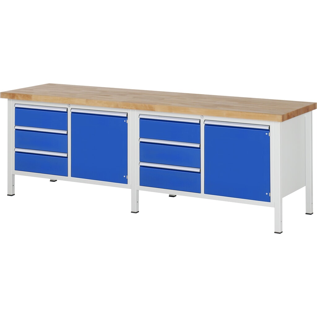 RAU Werkbank Serie 8000, 2 Doppel-Container, 2 Flügeltüren, HxBxT 840-1.040 x 2.500 x 700 mm, 6 x 90%-Auszug-Schubladen Produktabbildung: RAU Werkbank Serie 8000, 2 Doppel-Container, 2 Flügeltüren, HxBxT 840-1.040 x 2.500 x 700 mm, 6 x 90%-Auszug-Schubladen