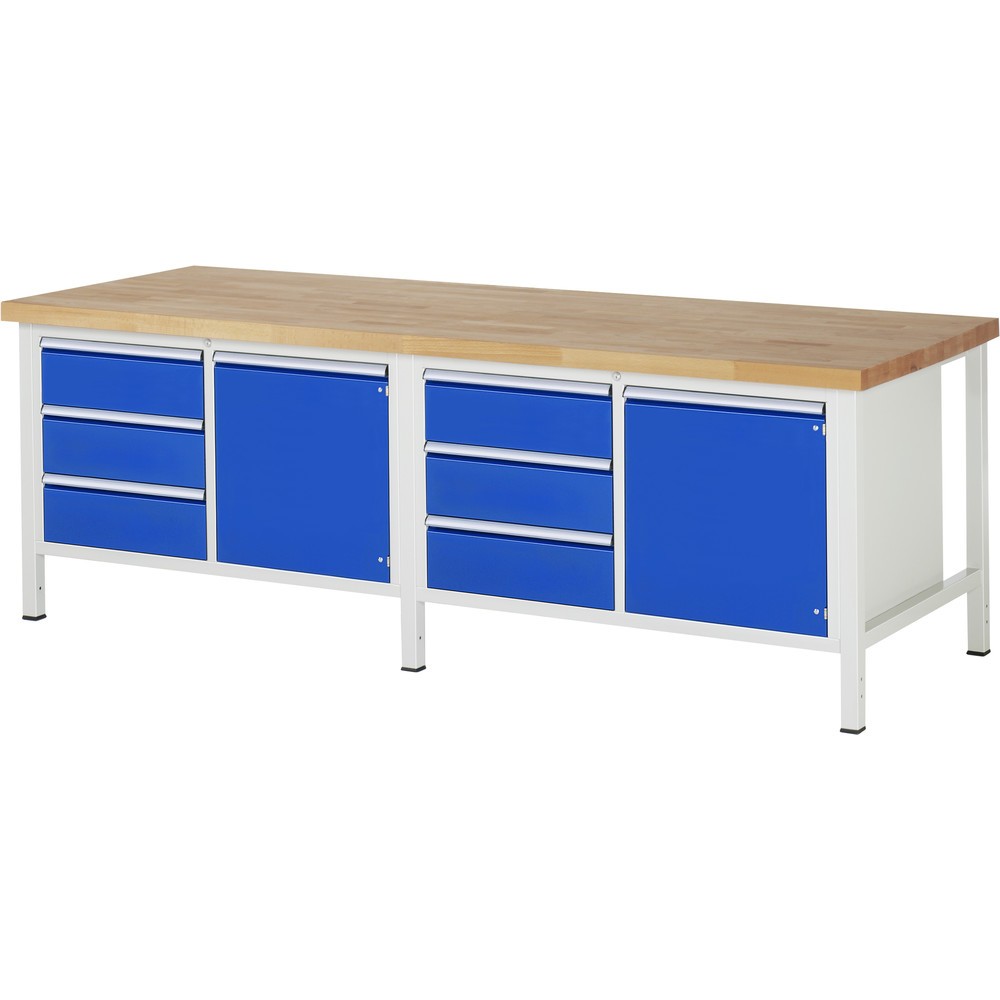 Produktabbildung: RAU Werkbank Serie 8000, 2 Doppel-Container, 2 Flügeltüren, HxBxT 840-1.040 x 2.500 x 900 mm, 6 x 90%-Auszug-Schubladen