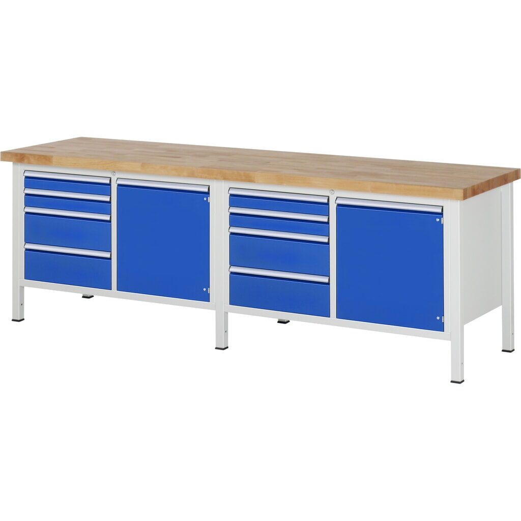 RAU Werkbank Serie 8000, 2 Doppel-Container, 2 Flügeltüren, HxBxT 840 x 2.500 x 700 mm, 8 x 90%-Auszug-Schubladen Produktabbildung Nr. 1: RAU Werkbank Serie 8000, 2 Doppel-Container, 2 Flügeltüren, HxBxT 840 x 2.500 x 700 mm, 8 x 90%-Auszug-Schubladen