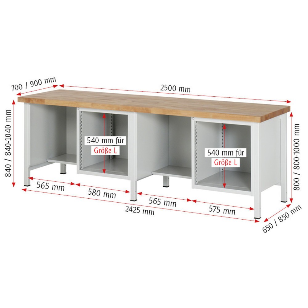 Produktabbildung Nr. 4: RAU Werkbank Serie 8000, 2 Container, HxBxT 840 x 2.500 x 700 mm, 10 x 90%-Auszug-Schubladen