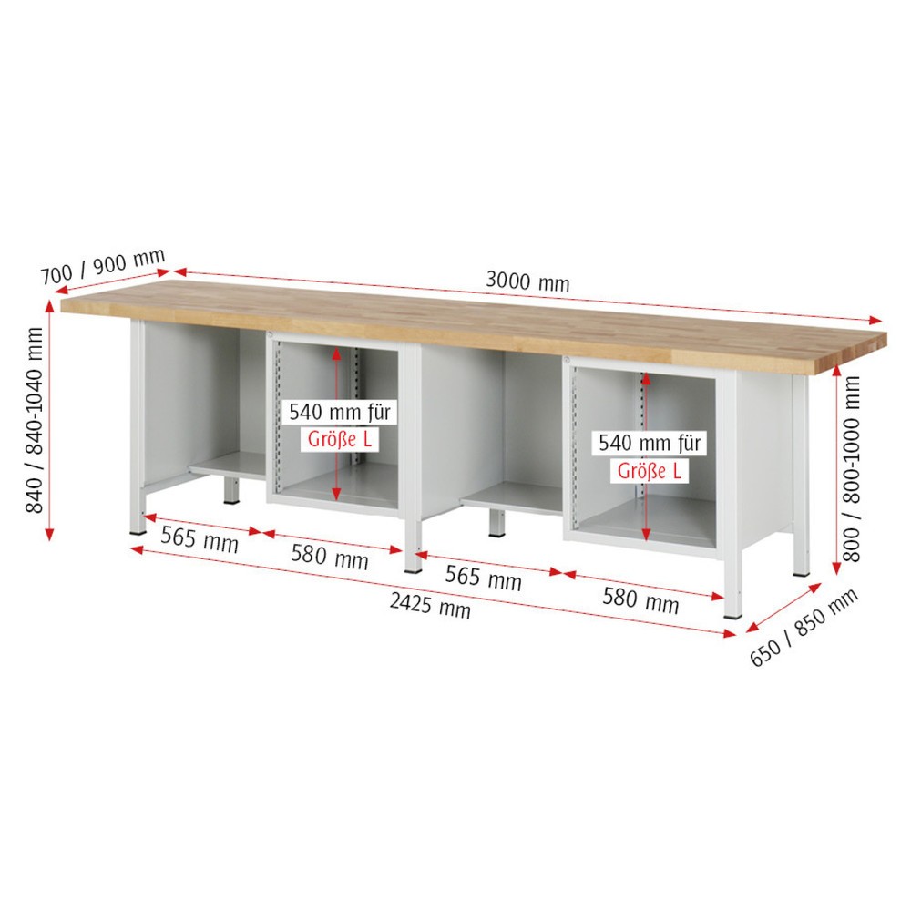 Produktabbildung Nr. 4: RAU Werkbank Serie 8000, 2 Container, HxBxT 840 x 3.000 x 700 mm, 4 x 90%-Auszug-Schubladen