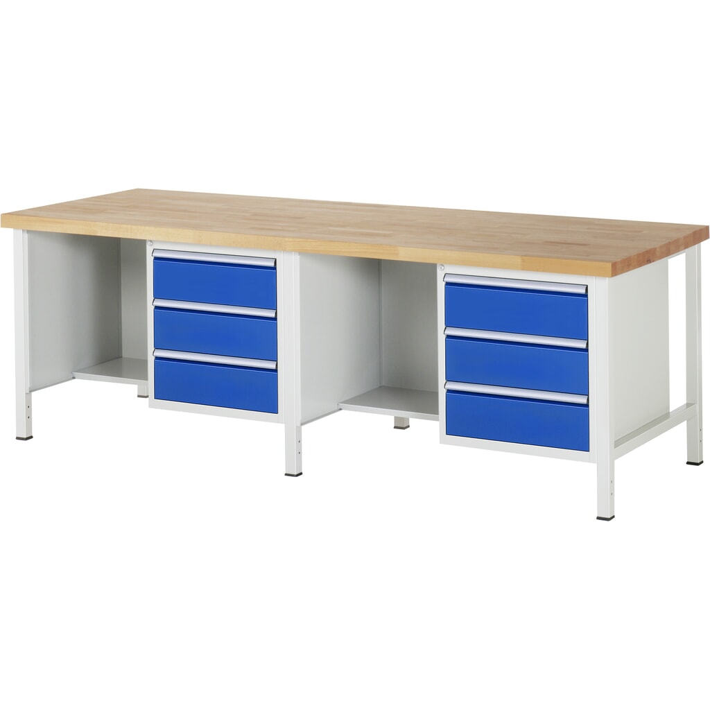 RAU Werkbank Serie 8000, 2 Container, 1 Ablageboden, HxBxT 840-1.040 x 2.500 x 900 mm, 6 x 90%-Auszug-Schubladen Produktabbildung: RAU Werkbank Serie 8000, 2 Container, 1 Ablageboden, HxBxT 840-1.040 x 2.500 x 900 mm, 6 x 90%-Auszug-Schubladen