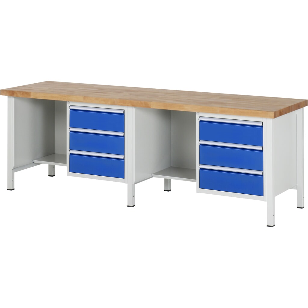 RAU Werkbank Serie 8000, 2 Container, 1 Ablageboden, HxBxT 840-1.040 x 2.500 x 700 mm, 6 x 90%-Auszug-Schubladen Produktabbildung: RAU Werkbank Serie 8000, 2 Container, 1 Ablageboden, HxBxT 840-1.040 x 2.500 x 700 mm, 6 x 90%-Auszug-Schubladen