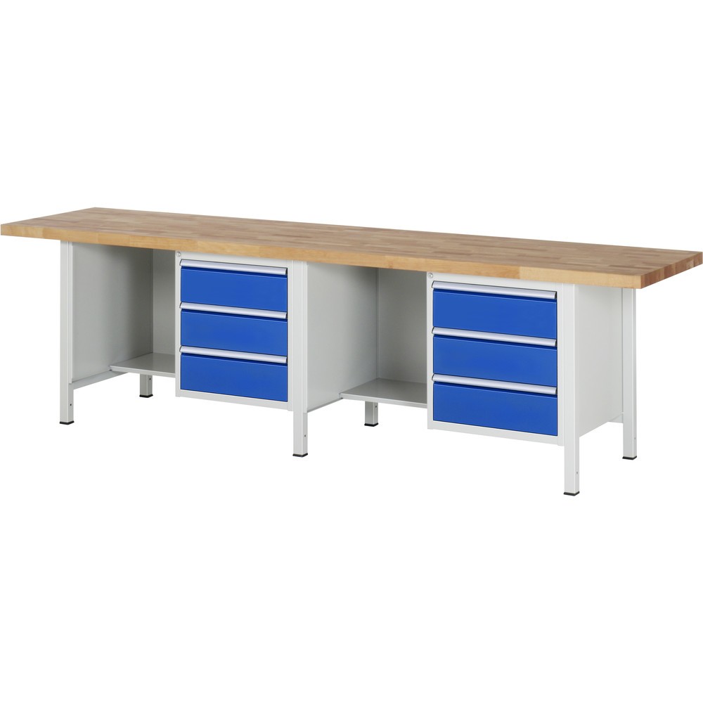 Produktabbildung: RAU Werkbank Serie 8000, 2 Container, 1 Ablageboden, HxBxT 840-1.040 x 3.000 x 700 mm, 6 x 90%-Auszug-Schubladen