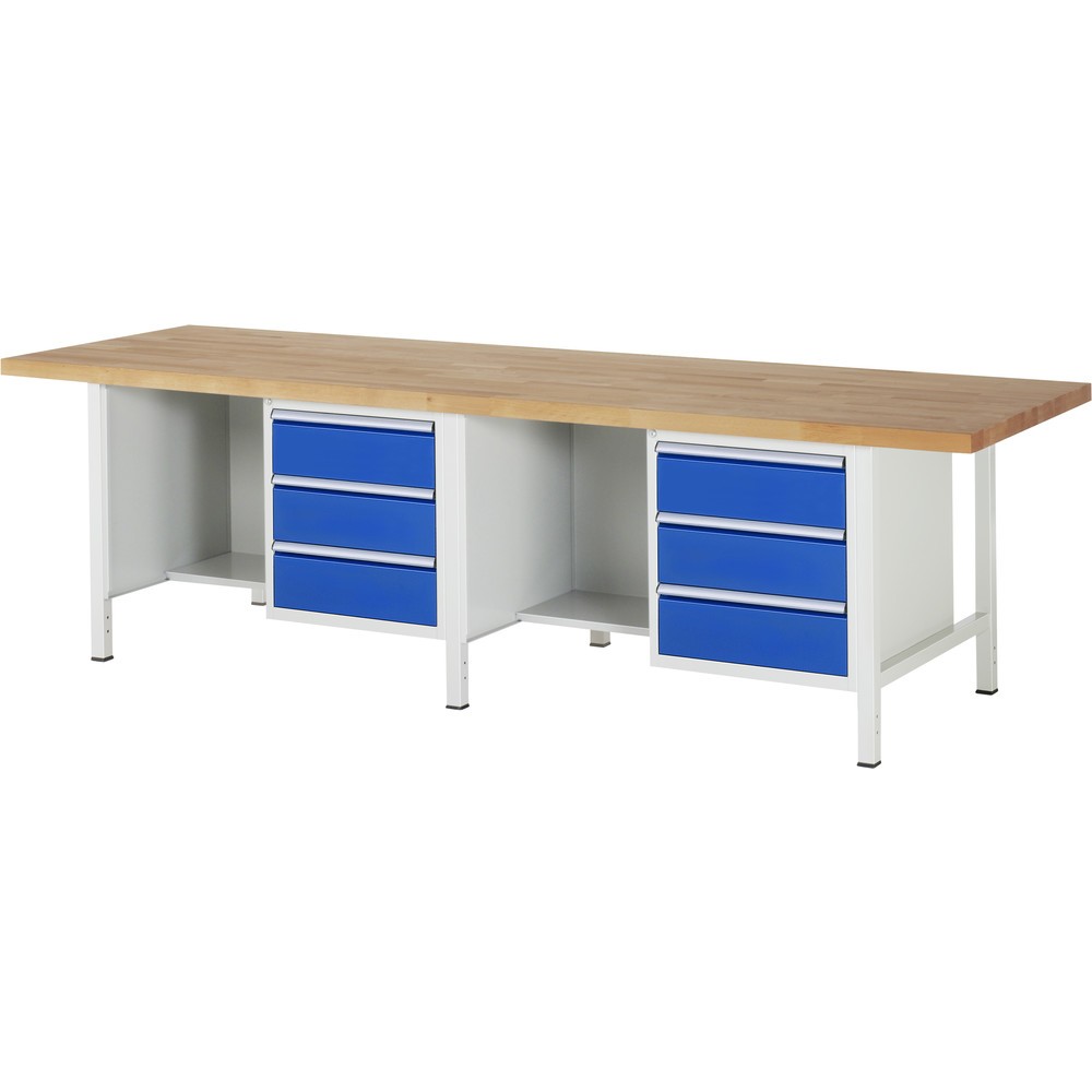 Produktabbildung: RAU Werkbank Serie 8000, 2 Container, 1 Ablageboden, HxBxT 840-1.040 x 3.000 x 900 mm, 6 x 90%-Auszug-Schubladen