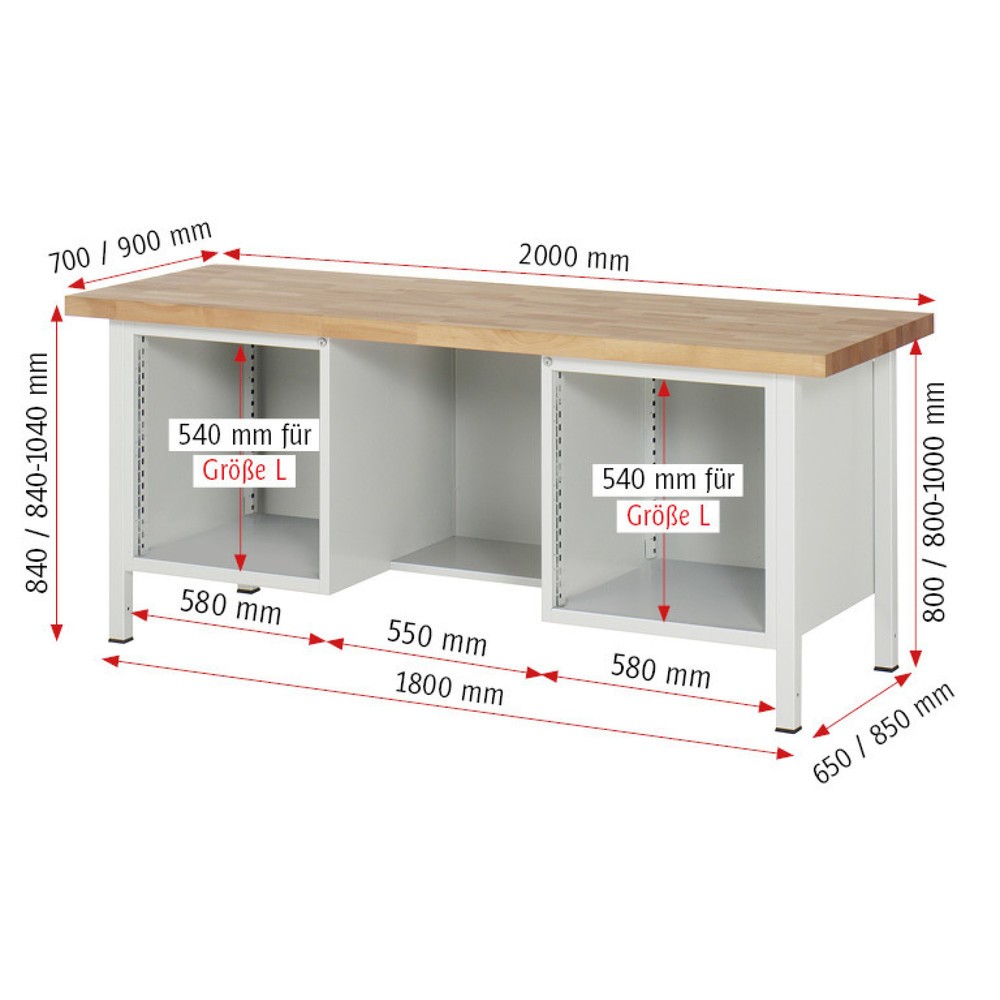 Produktabbildung Nr. 8: RAU Werkbank Serie 8000, 2 Container, 1 Flügeltür, HxBxT 840-1.040 x 2.000 x 700 mm, 2 Schubladen