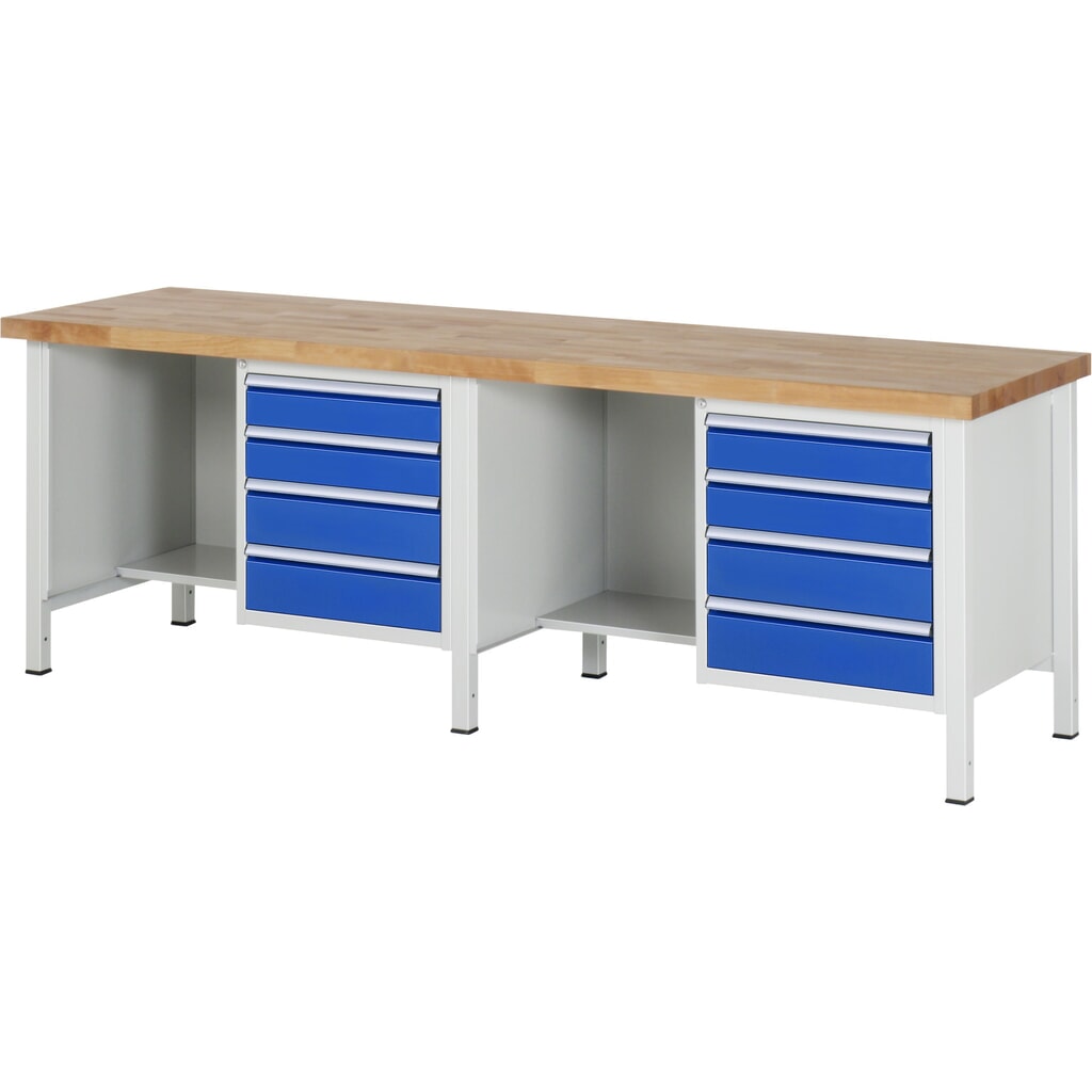 RAU Werkbank Serie 8000, 2 Container, HxBxT 840-1.040 x 2.500 x 700 mm, 8 x 90%-Auszug-Schubladen Produktabbildung: RAU Werkbank Serie 8000, 2 Container, HxBxT 840-1.040 x 2.500 x 700 mm, 8 x 90%-Auszug-Schubladen
