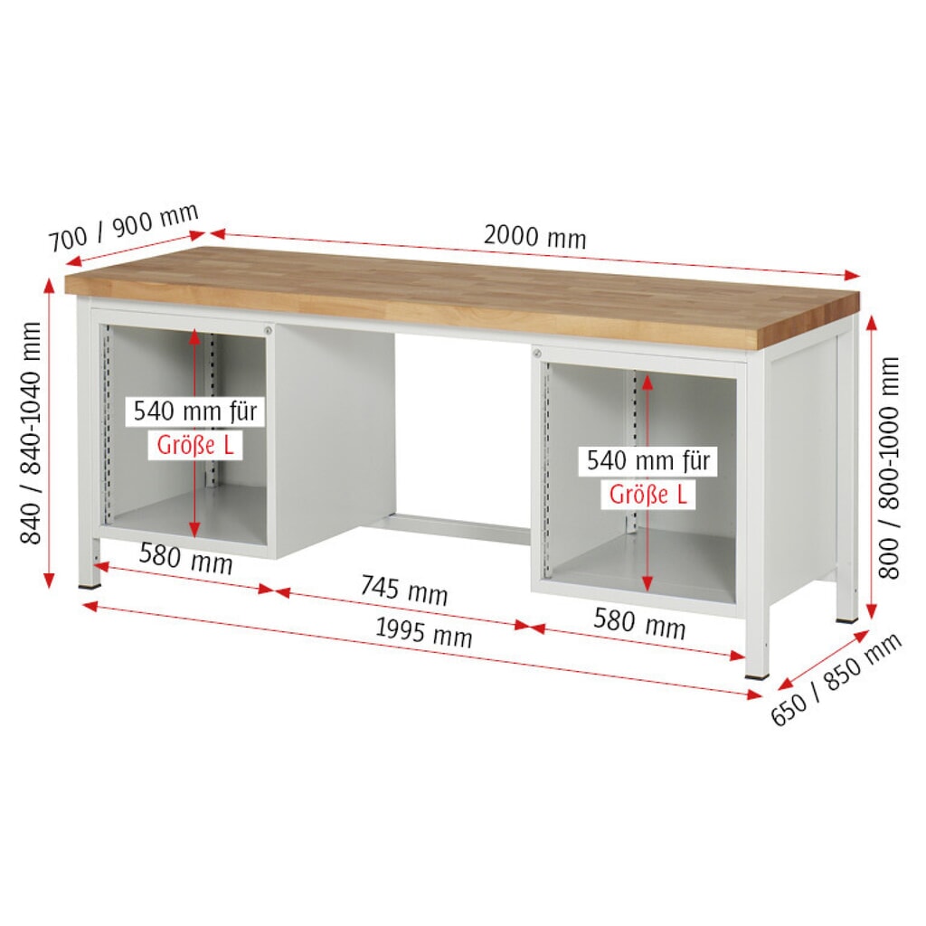 Produktabbildung Nr. 6: RAU Werkbank Serie 8000, 2 Container, HxBxT 840 x 2.000 x 700 mm, 9 x 90%-Auszug-Schubladen