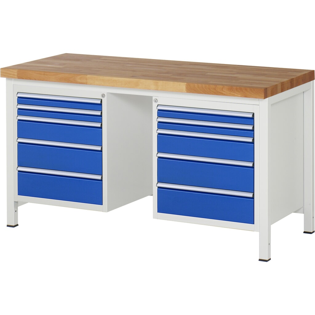 Produktabbildung Nr. 1: RAU Werkbank Serie 8000, 2 Container, HxBxT 840-1.040 x 1.500 x 700 mm, 10 x 90%-Auszug-Schubladen 4 x 60, 2 x 120, 4 x 150 mm