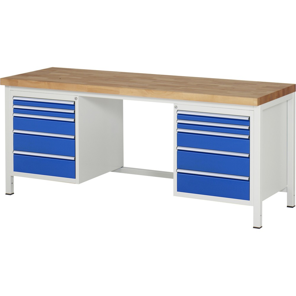 Produktabbildung Nr. 1: RAU Werkbank Serie 8000, 2 Container, HxBxT 840-1.040 x 2.000 x 700 mm, 10 x 100%-Auszug-Schubladen 4 x 60, 2 x 120, 4 x 150 mm