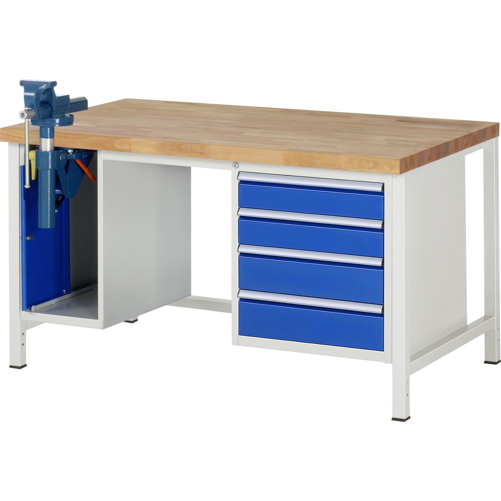Produktabbildung Nr. 1: RAU Werkbank Serie 8000, 2 Container, HxBxT 840-1.040 x 1.500 x 900 mm, 4 x 100%-Auszug-Schubladen, inkl. Schraubstock