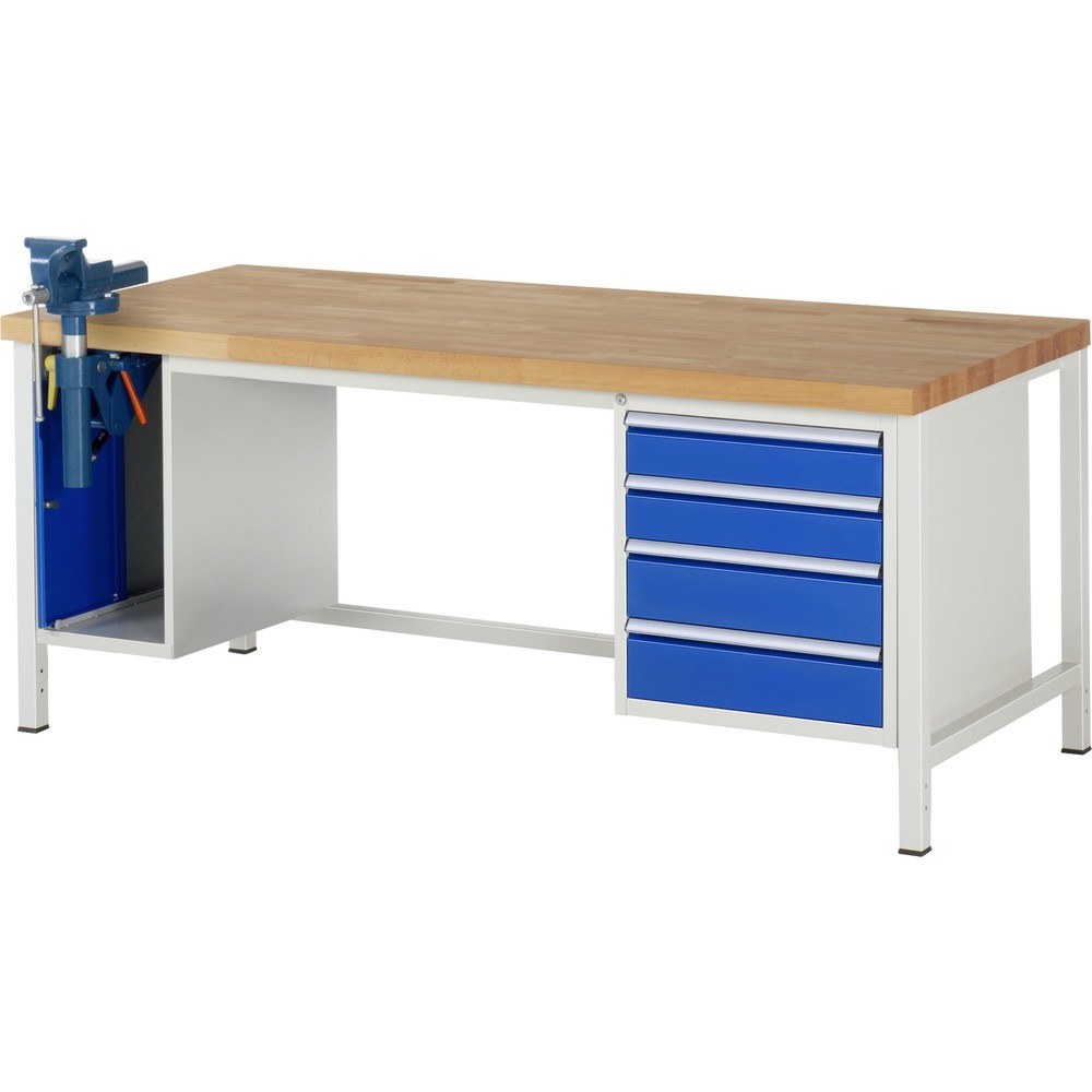Produktabbildung: RAU Werkbank Serie 8000, 2 Container, HxBxT 840 x 2.000 x 900 mm, 4 x 90%-Auszug-Schubladen, inkl. Schraubstock