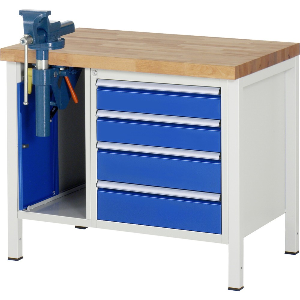 Produktabbildung Nr. 1: RAU Werkbank Serie 8000, 2 Container, HxBxT 840-1.040 x 1.000 x 700 mm, 4 x 90%-Auszug-Schubladen, inkl. Schraubstock