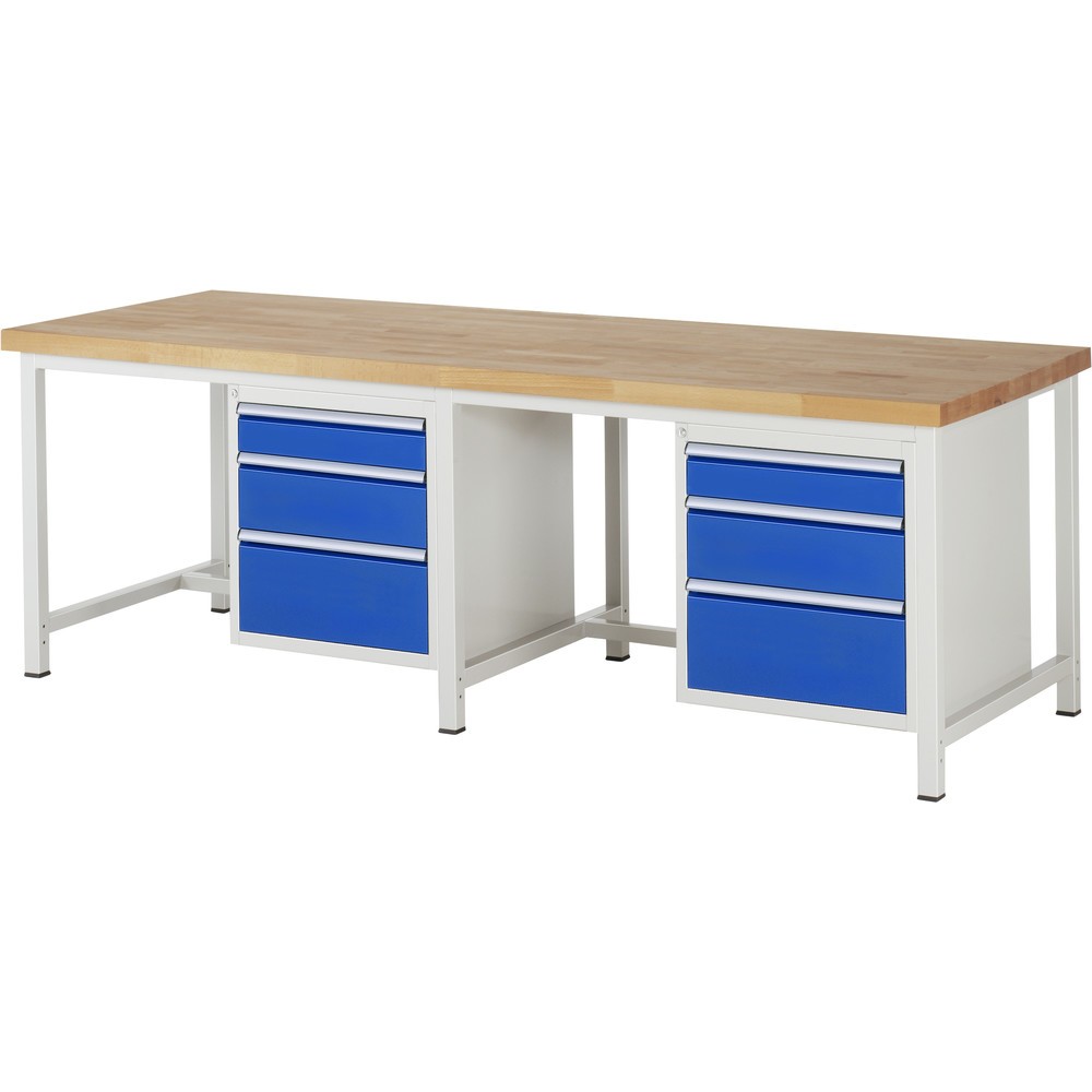 Produktabbildung: RAU Werkbank Serie 8000, 2 Container, HxBxT 840-1.040 x 2.500 x 900 mm, 6 x 90%-Auszug-Schubladen 2 x 120, 2 x 180, 2 x 240 mm