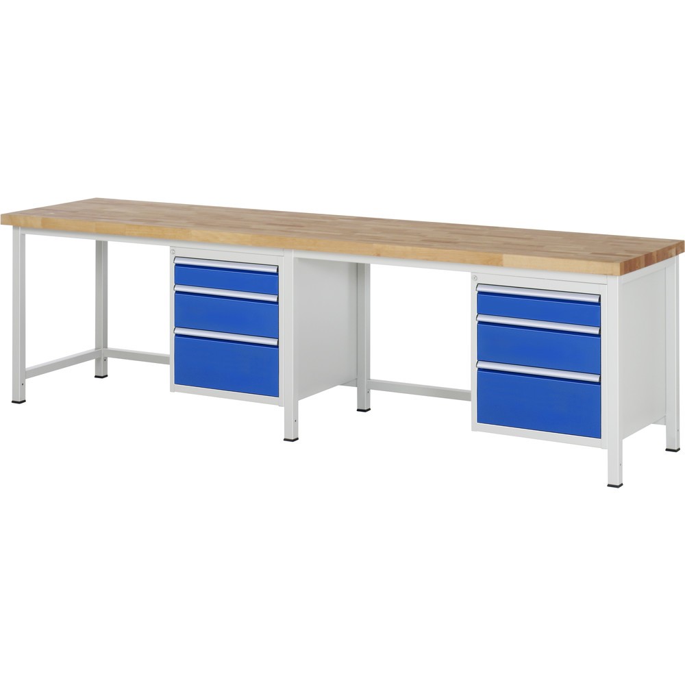 Produktabbildung: RAU Werkbank Serie 8000, 2 Container, HxBxT 840-1.040 x 3.000 x 700 mm, 6 x 90%-Auszug-Schubladen 2 x 120, 2 x 180, 2 x 240 mm