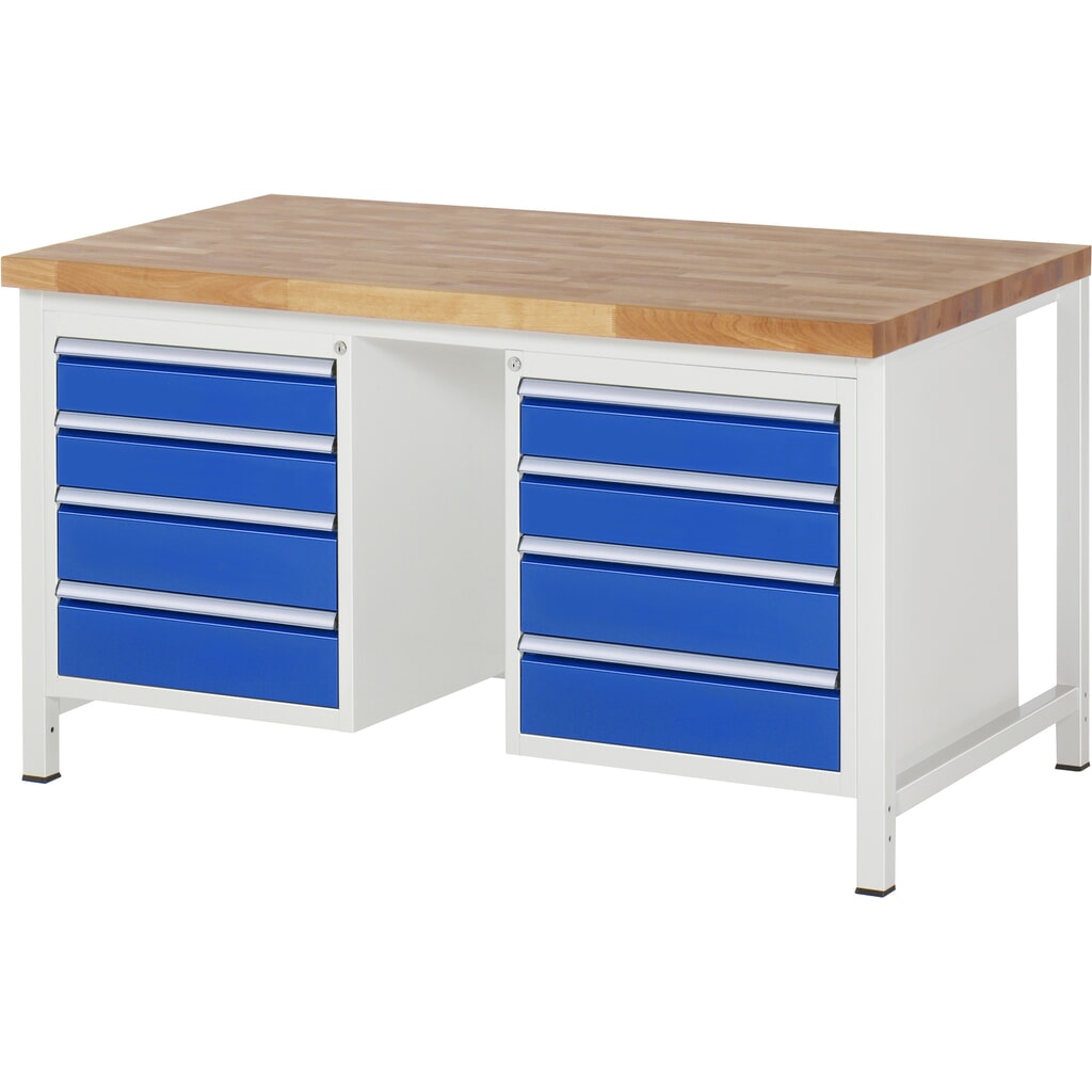 Produktabbildung: RAU Werkbank Serie 8000, 2 Container, HxBxT 840 x 1.500 x 900 mm, 8 x 90%-Auszug-Schubladen 4 x 120, 4 x 150 mm