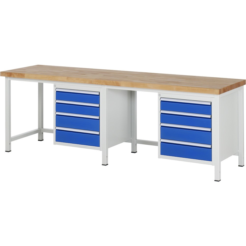 Produktabbildung: RAU Werkbank Serie 8000, 2 Container, HxBxT 840-1.040 x 2.500 x 700 mm, 8 x 90%-Auszug-Schubladen 4 x 120, 4 x 150 mm