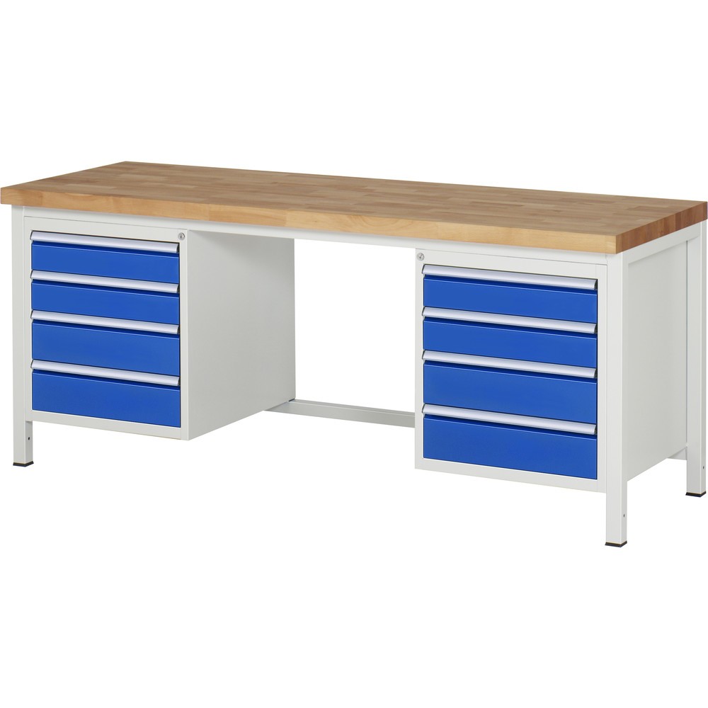 Produktabbildung: RAU Werkbank Serie 8000, 2 Container, HxBxT 840-1.040 x 2.000 x 700 mm, 8 x 90%-Auszug-Schubladen 4 x 120, 4 x 150 mm