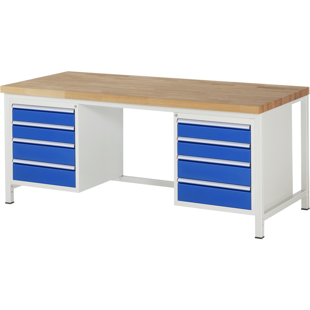 Produktabbildung: RAU Werkbank Serie 8000, 2 Container, HxBxT 840-1.040 x 2.000 x 900 mm, 8 x 90%-Auszug-Schubladen 4 x 120, 4 x 150 mm